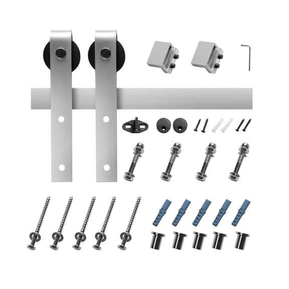 KFFKFF 5FT Sliding Barn Door Hardware Kit, 330 lbs Capacity, Fits Doors up to 30 Inches Wide & 1-3/8 to 1-3/4 Inches Thick, Sturdy Track with J-Shape Roller, Silver Finish