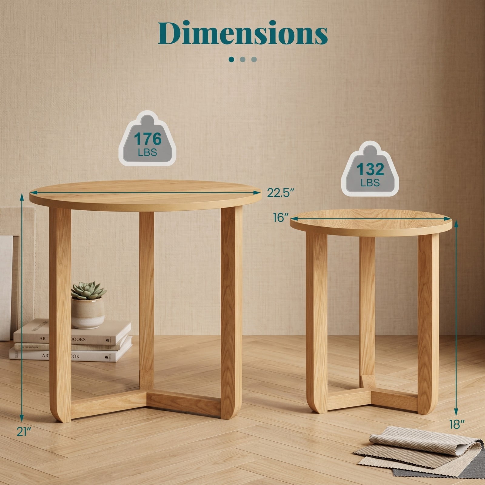 Furnibear Round Nesting Coffee Table Set of 2, Wood Nesting End Tables with Thickened Tabletop and Tripod Frame for Living Room, Space-Saving Side, Natural Walnut