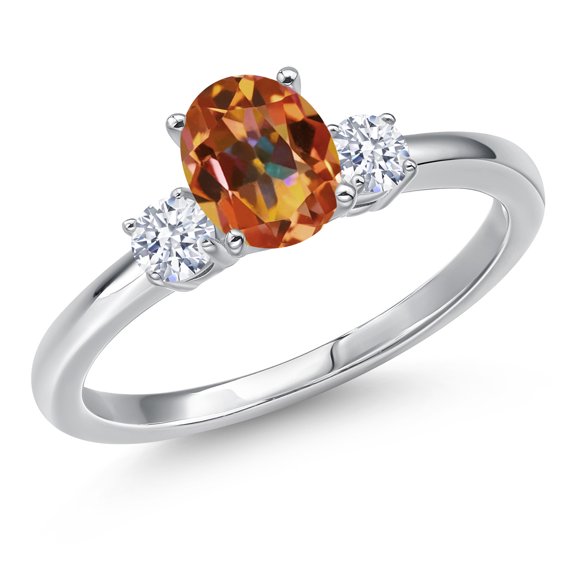 Gem Stone King 14K White Gold Ecstasy Mystic Topaz and White Zirconia Engagement Ring for Women | 1.22 Cttw | Oval 7X5MM | Gemstone November Birthstone | Size 6