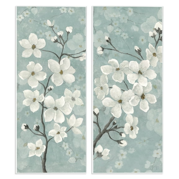 Stupell Industries Green Toned Blossoms Floral Painting Unframed Art Print Wall Art, 7 x 17, Set of 2