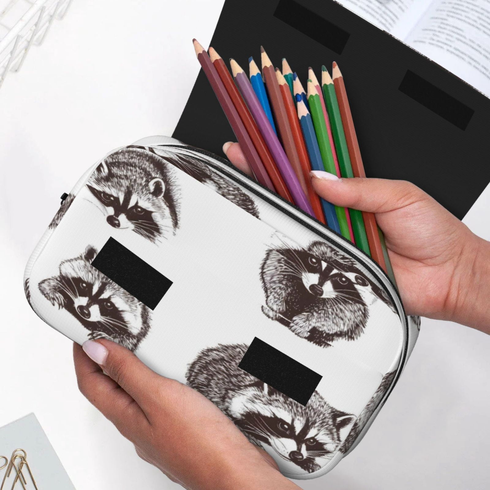 Large-Capacity Flip-Top Double-Layer Pencil Case, Multi-Functional Pocket Pen Case, Durable Stationery Organizer Cute Gray Raccoon