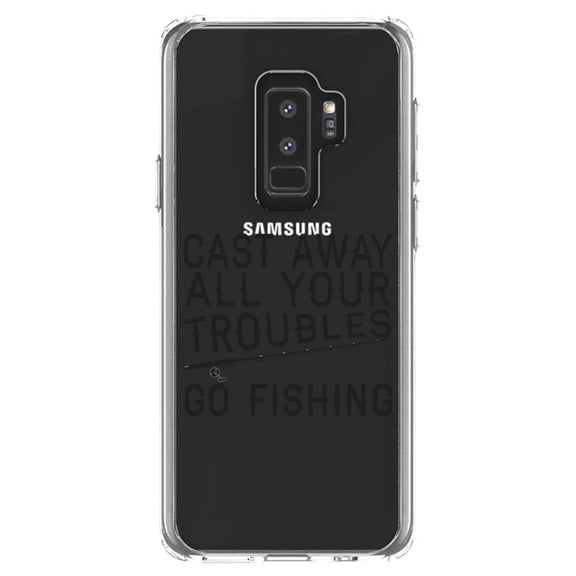 DistinctInk Clear Shockproof Hybrid Case for Samsung Galaxy S9  PLUS (6.2" Screen) - TPU Bumper Acrylic Back Tempered Glass Screen Protector - Cast Away All Your Troubles Go Fishing