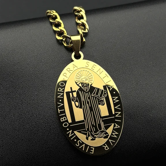Catholic Saint Benedict San Benito Medal Pendant Necklace, 14K Gold Filled Religious Protective Amulet Jewelry Gift for Men & Women