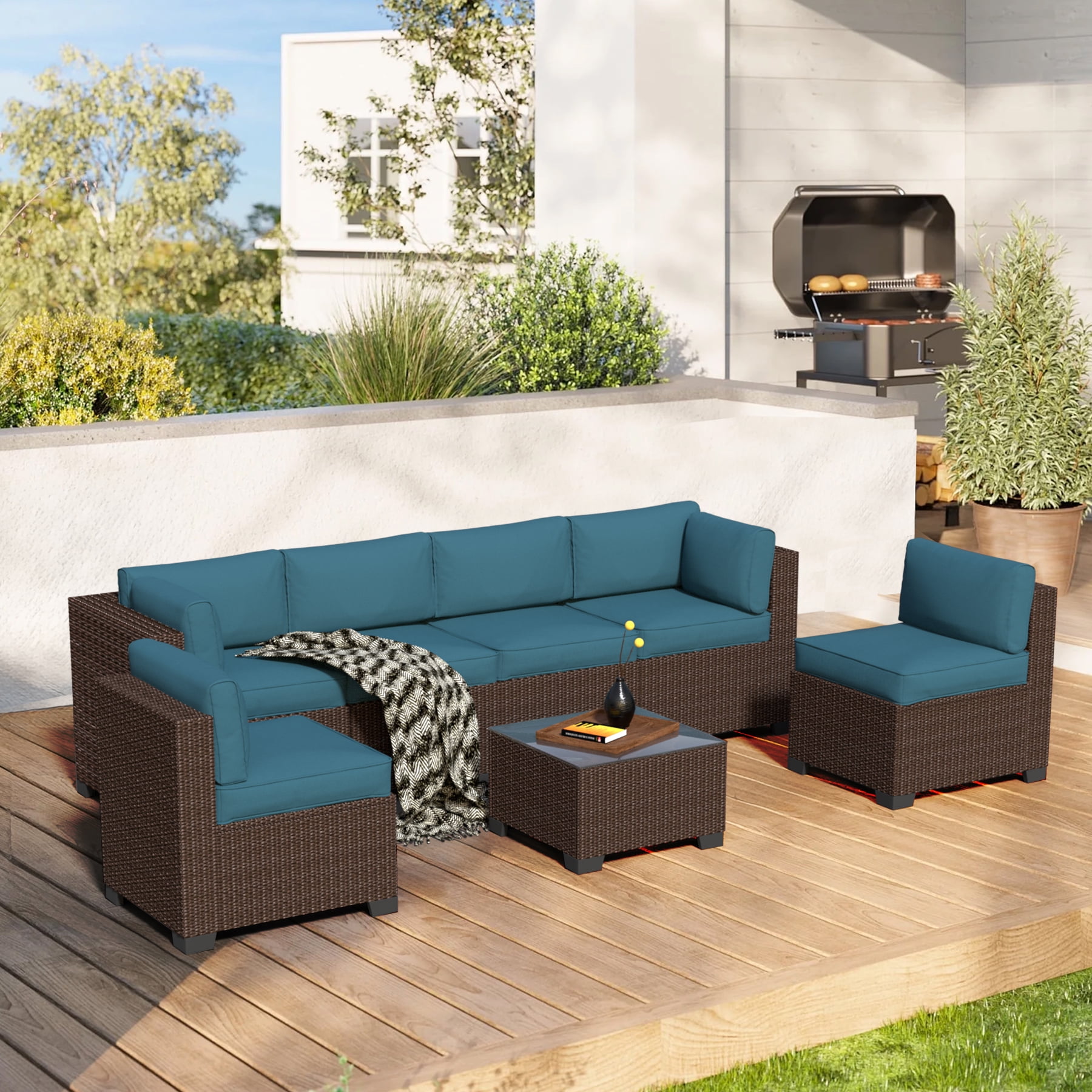 7-Piece Outdoor Patio Furniture Set, PE Rattan Sectional Sofa with Waterproof Cushions & Coffee Table, Modern Patio Conversation Set for Porch, Balcony, Backyard (Peacock Blue)