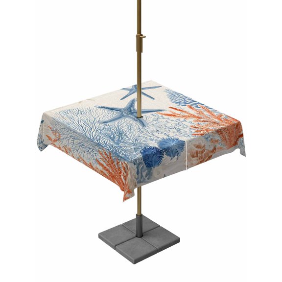Outdoor Tablecloth with Umbrella Hole for Patio/Picnic/Party/Camping, Teal Blue Coastal Waterproof Table Cloth Square Cover Washable, Starfish Coral Shell Rustic Summer Ocean (54"x 54")