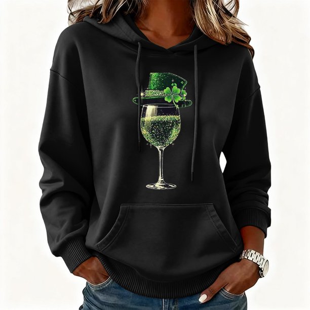 Xuyuer Womens St. Patrick's Day Clover Print Hoodie Casual Long Sleeve Sweatshirt Irish Shamrock Pullover Tops Sweatshirts Clover Print Shirts Casual Irish Gift Loose Fit Tops