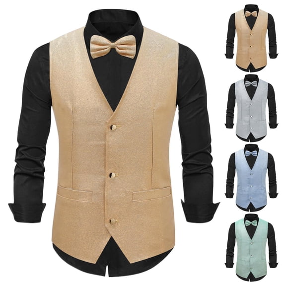Xcmzpl Mens Disco Sequin Vest V Neck Sleeveless with Bow Tie Party Dance Wedding Banquet S-2XL