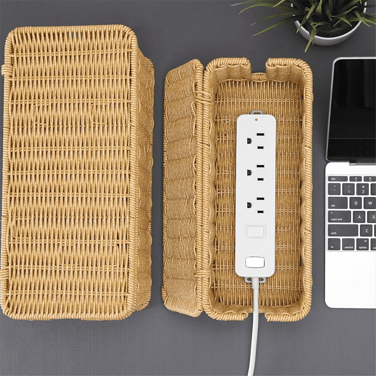 2Pack Cable Management Box, Handwoven Imitation Rattan Cord Organizer Box, Decorative Cord Hider Box,2 * Cable Organizer Box