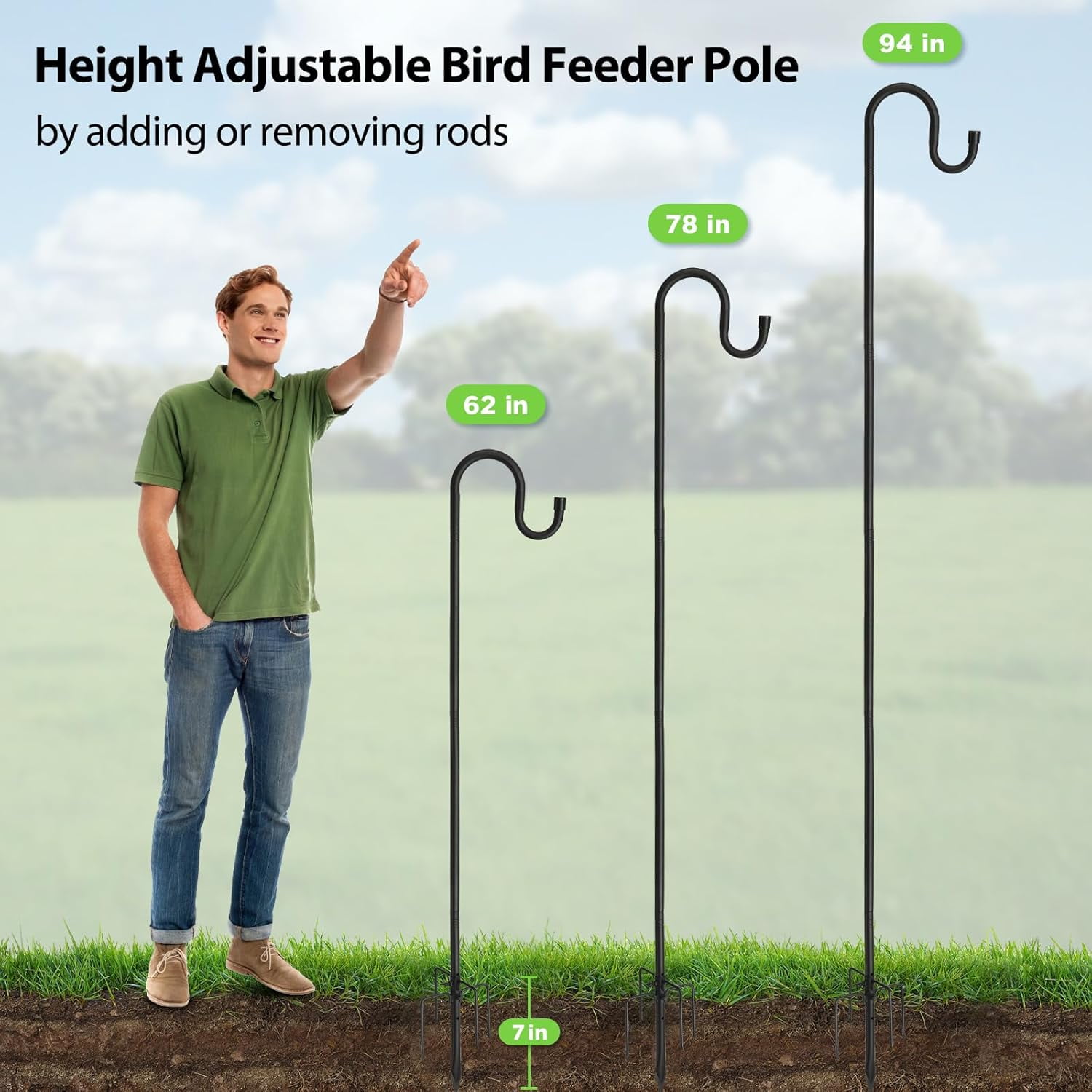 Yeyebest 94" Shepherds Hook with 5 Prongs 4/5" Sliced Pole Base