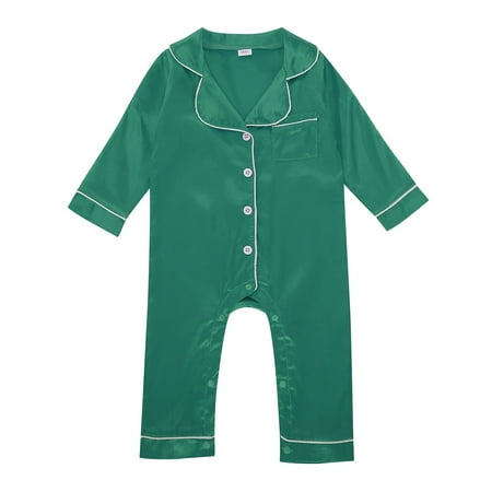 MIXUE Baby Girls Rompers solid color Newborn Infant Satin Silk Button Down Long Sleeve Pajamas Bodysuits Sportwear Green 3-6 Months