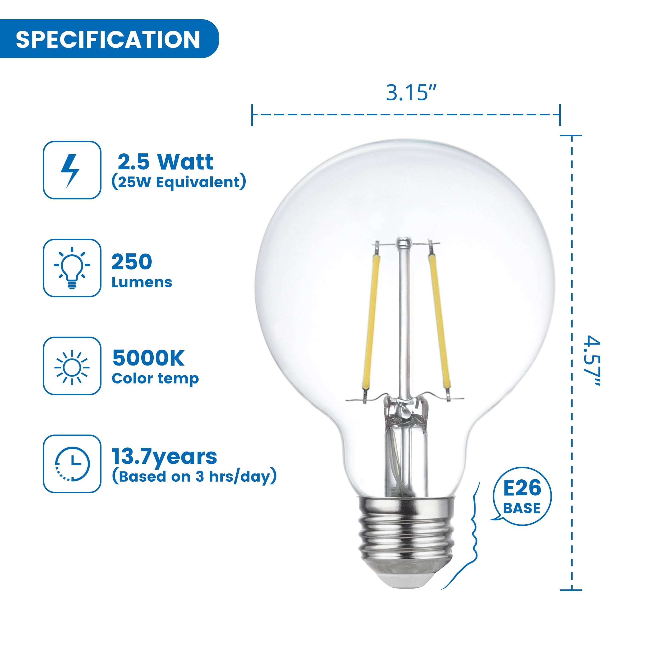 (2 pack) Great Value G25 LED Bulb, 2.5-Watt (25W Equivalent) Daylight Decorative Globe E26 Base Dimmable - 3 Pack