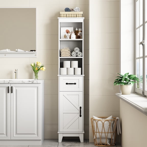 63” Tall Bathroom Storage Cabinet, Freestanding Linen Cabinet, Narrow Bathroom Storage with Barn Door and Drawer, White