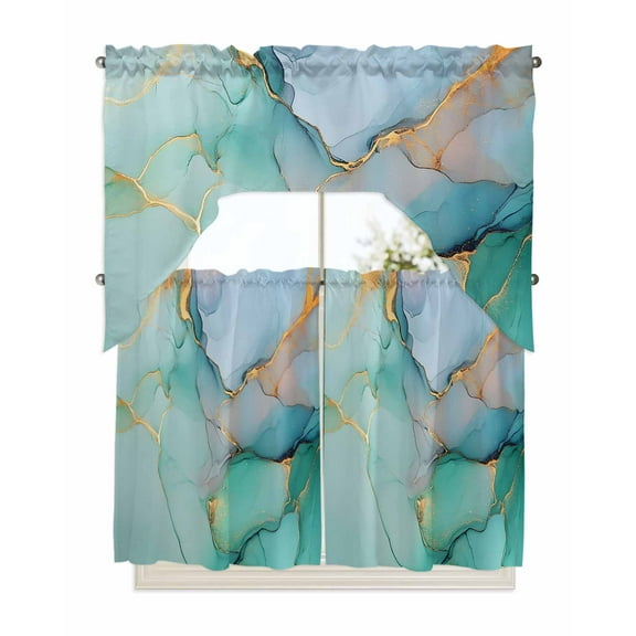 Teal Kitchen Curtains Swag Valance and Tier Curtains Set 36 Inch Length, Modern Marble Ink Painting Abstract Art Rod Pocket Drape Panels Pair Swag Curtains for Bathroom/Cafe/Window