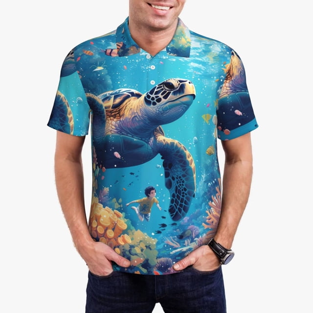 Fotbe Colorful Underwater Plant Turtle Camiseta Polo de Golf para Hombre con Estampado – Camisa Deportiva Transpirable con Cuello Abotonado-Large