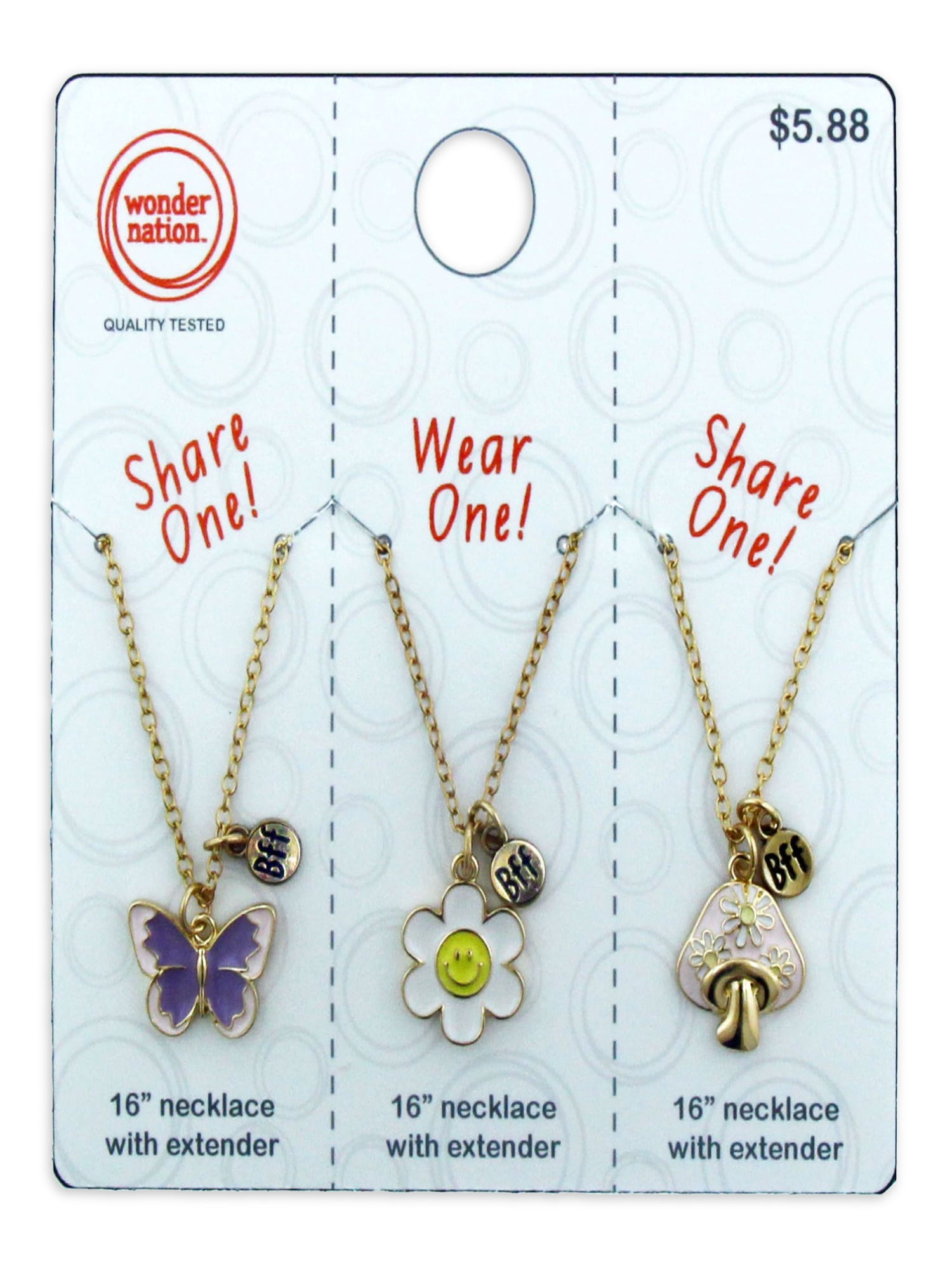 Wonder Nation Kids BFF Butterfly, Flower and Mushroom Wear One, Share One Necklace Set, 3 Pack Multi-color