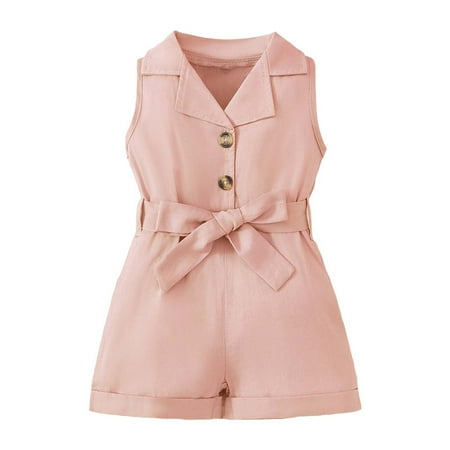 HUANBAI Toddler Baby Girls Oe Pice Jumpsuit Classic Lapel Belted Romper Overall Shorts Bodysuit 6-12 Months