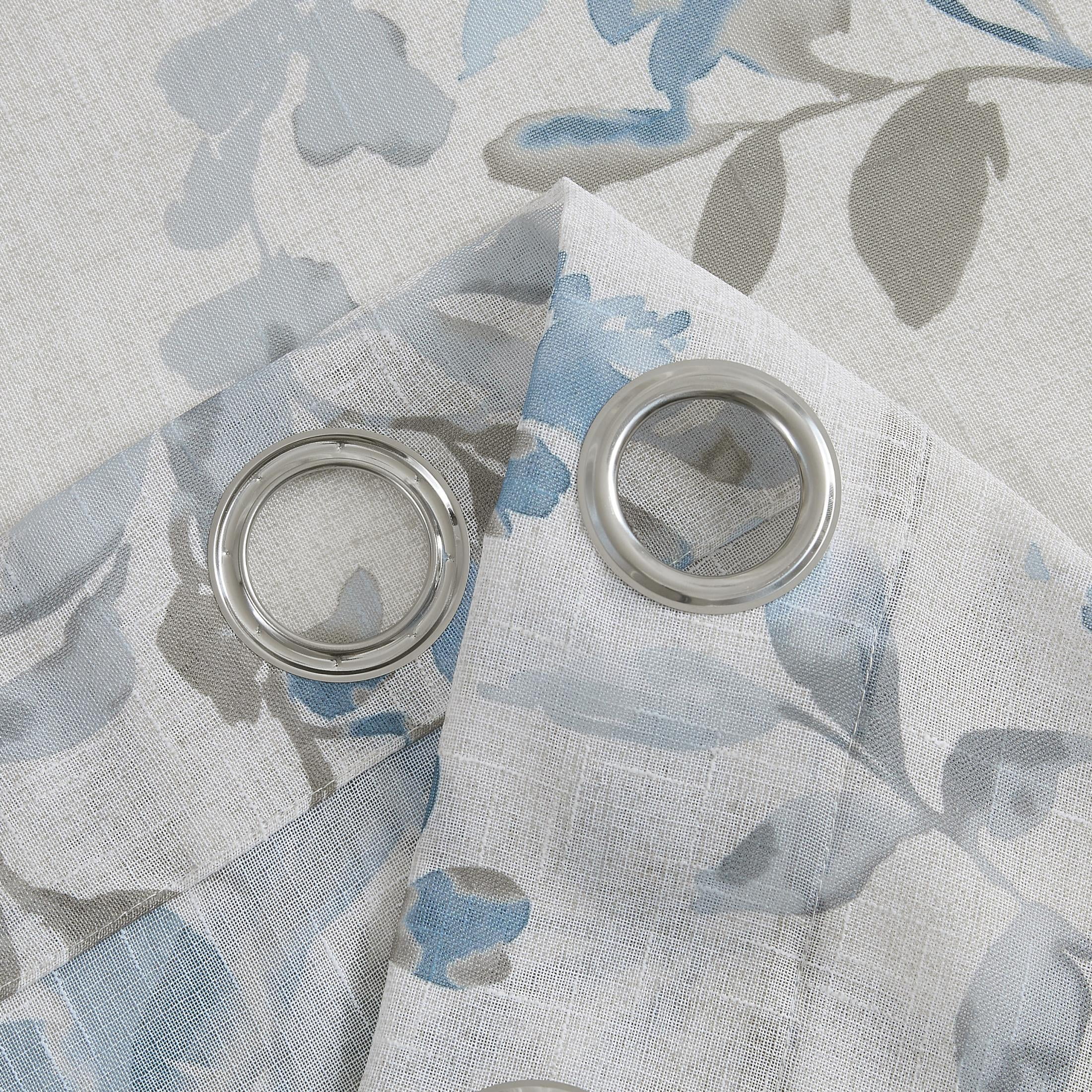 AZZCIA Sheer Curtains 52"x84", Blue Grey Botanical Leaf Print Linen Texture Grommet Drapes for Bedroom