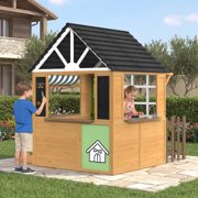 BUPPLEE Kids Outdoor Wooden Playhouse, Cottage Style, Door Window Fence Bench Blackboard