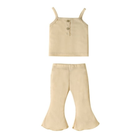 

IZhansean Toddler Baby Girl Summer Outfit Sleeveless Strap Sling Crop Knitted Halter Tops Flare Pants Infant 2Pcs Set Beige 2-3 Years