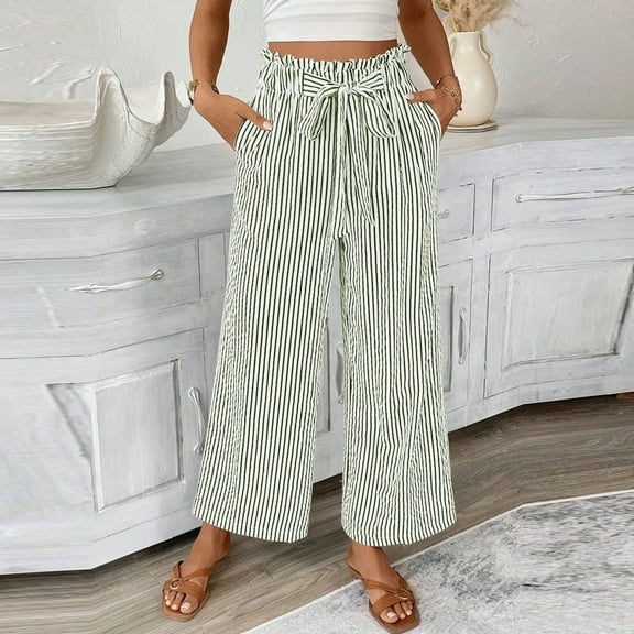 Aueoeo Straight Leg Pants For Woman Trendy Black & White Stripe Pants Drawstring Elastic Waist Casual Trousers