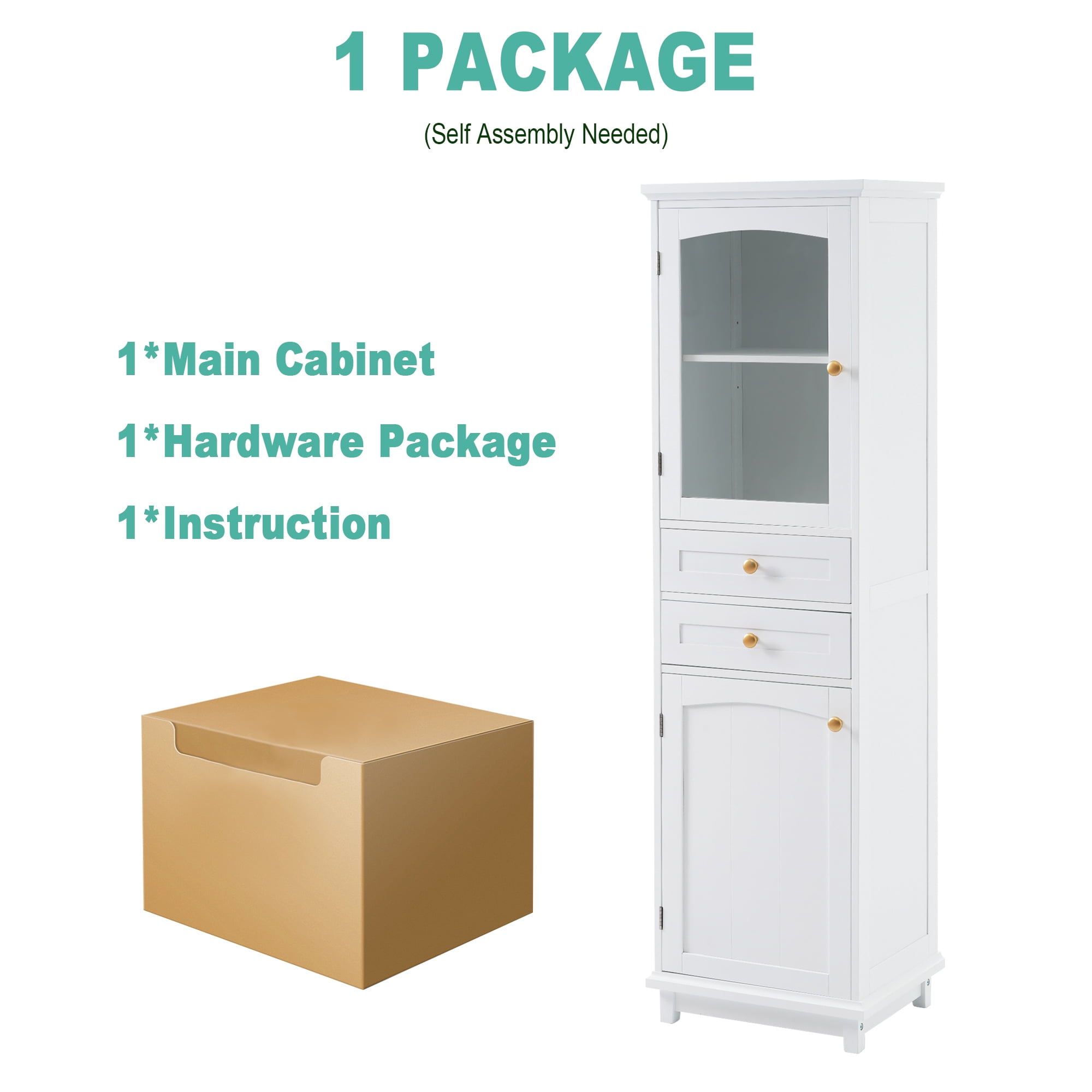 62"Tall Bathroom Storage Cabinet, Linen Closet with Glass Door,2 Drawers, Adjustable Shelves, Freestanding Wood Pantry Cabinet for Living Room,Kitchen