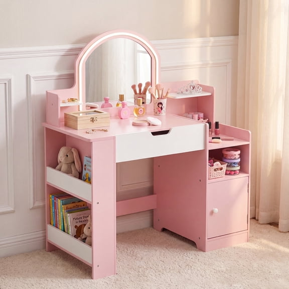 AILEEKISS Vanity Table Set with Flip Desktop, Pretend Play Makeup Table with Drawers, Pink