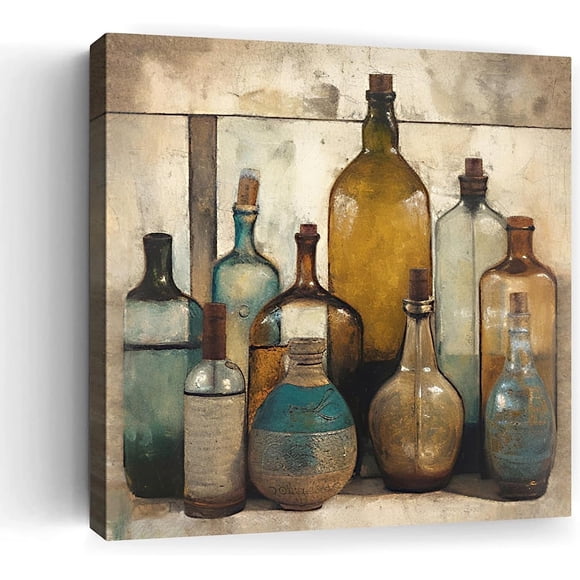 Abstract Wall Art Farmhouse Kitchen Canvas Wall Art Rustic Wall Decor Bathroom Decor Wall Art Still Life Bottle Picture Wall Decor Vintage Wall Stretched Art Print Easy to Hang For 12" x 12"