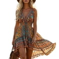 thumbnail image 3 of Women Boho Mini Dresses Tank Western Floral Print Fringe Bohemian Layered Casual Summer Dress Beach Dress Yellow S-XXL, 3 of 6