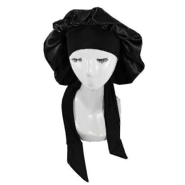 Gorro de seda, gorro de satén para dormir, gorro con banda para atar, gorro de dormir de alta calidad, color negro