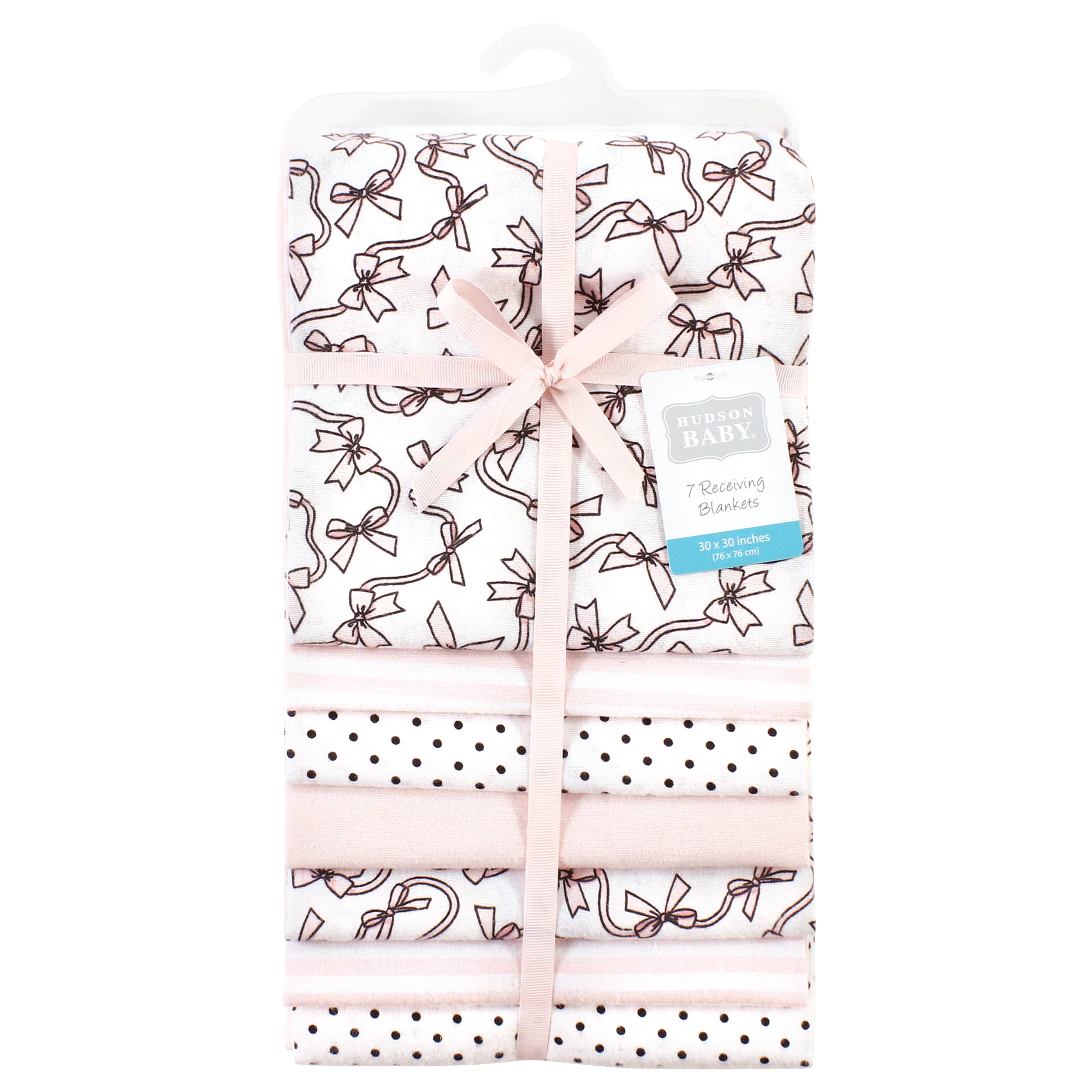 Little Treasure Hudson Baby Girls Cotton Poly Flannel Receiving Blankets 7-Pack, Pink Bow, 30x30 inches