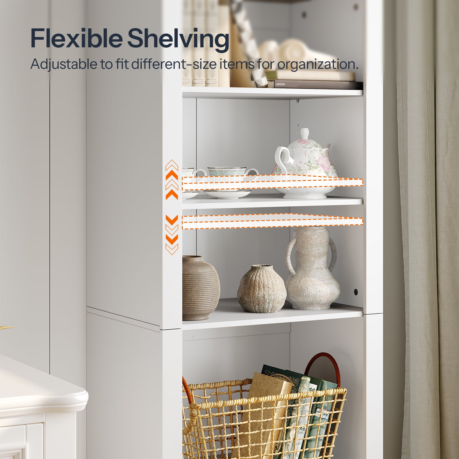 HOOBRO 6-Tier Arched Bookcase with File Drawer & Adjustable Shelves, White