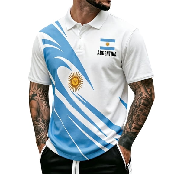 CONZONE Mens Argentina Soccer T-Shirts Short Sleeve International Football Buttons Down Shirts for Men Lapel Argentina Flag Graphic Casual Summer Tee Tops