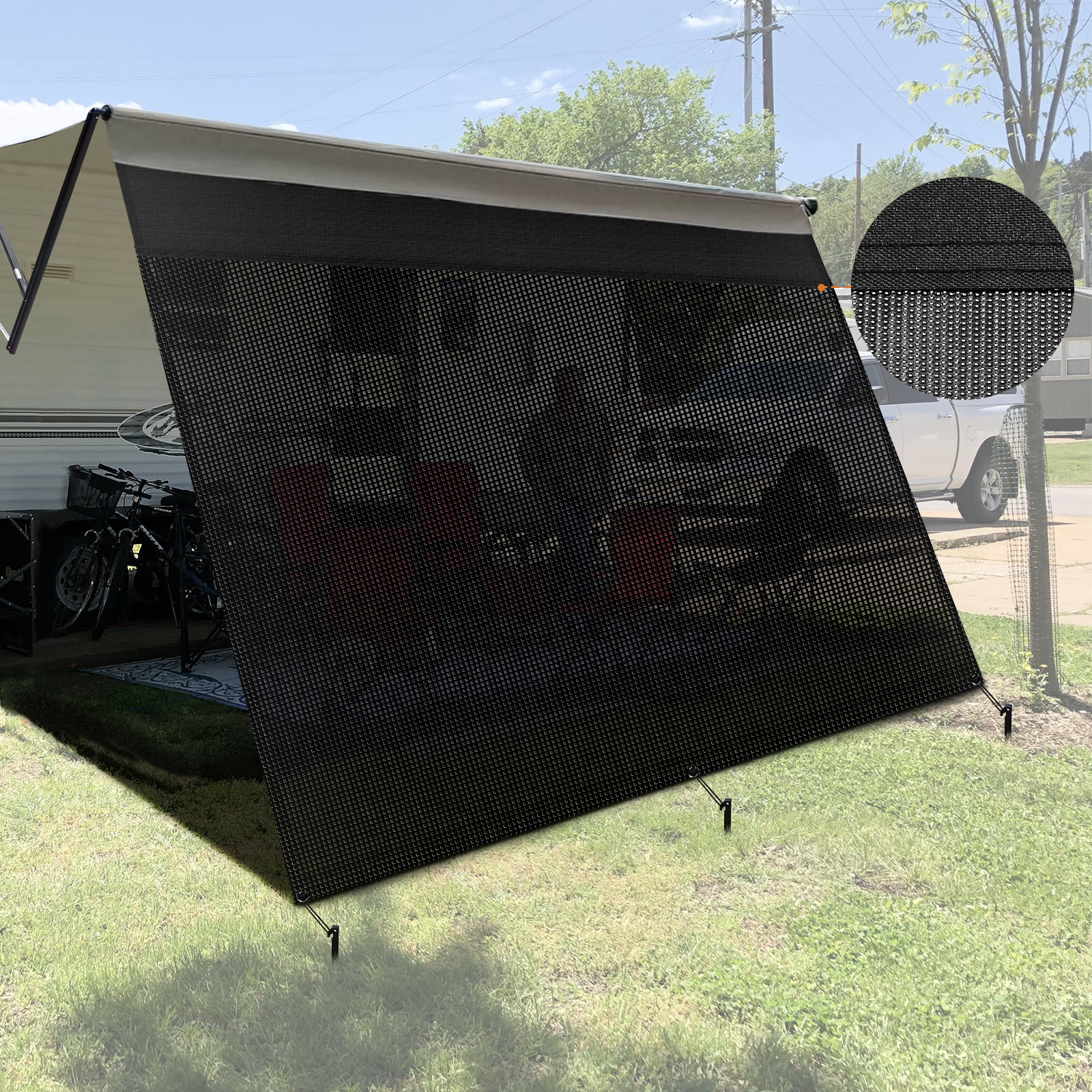 Fonzier Splicing RV Awning Sun Shade Screen for Side Panel 7' x 9' 600D Oxford Top & 230GSM Bottom Black Mesh Sunshade for Motorhome Camper Trailer UV Sunblocker Completed Kits 3 Years Lasting 