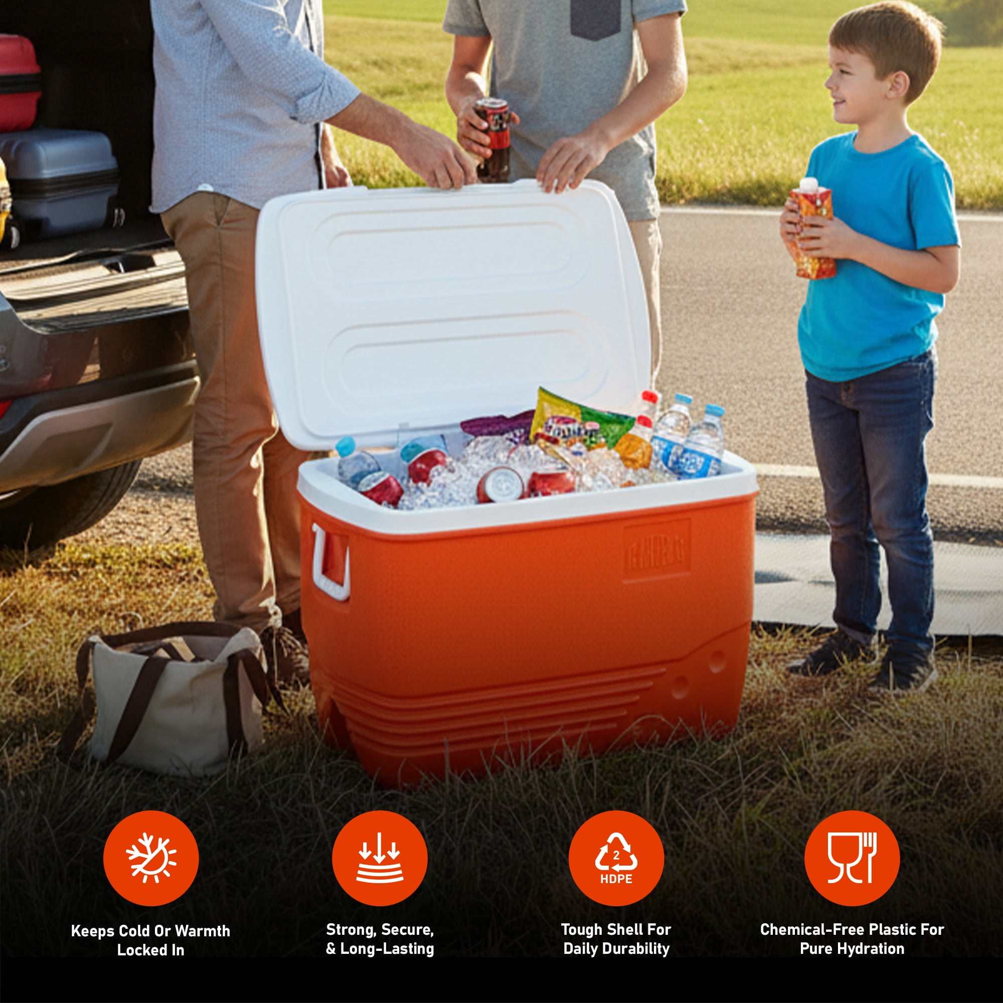 Rahber 44.4 Qt Ice Cooler Insulated Ice Chest Box, Hard Sided Portable with Retractable Handle