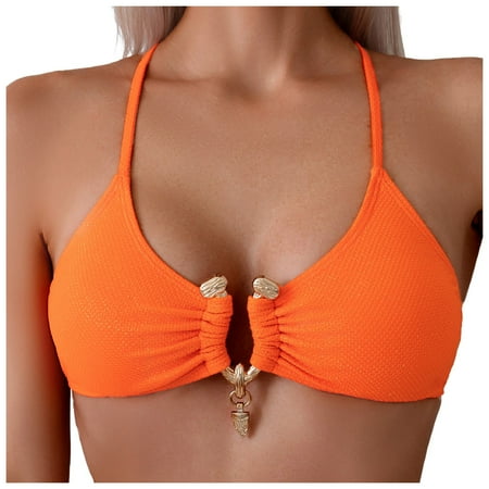Jdkau Halter Bikini top for Women U Wired Sexy Swimsuit Tops Push Up Scoop Neck Padded Lace Up Swimwear TopsOrange L