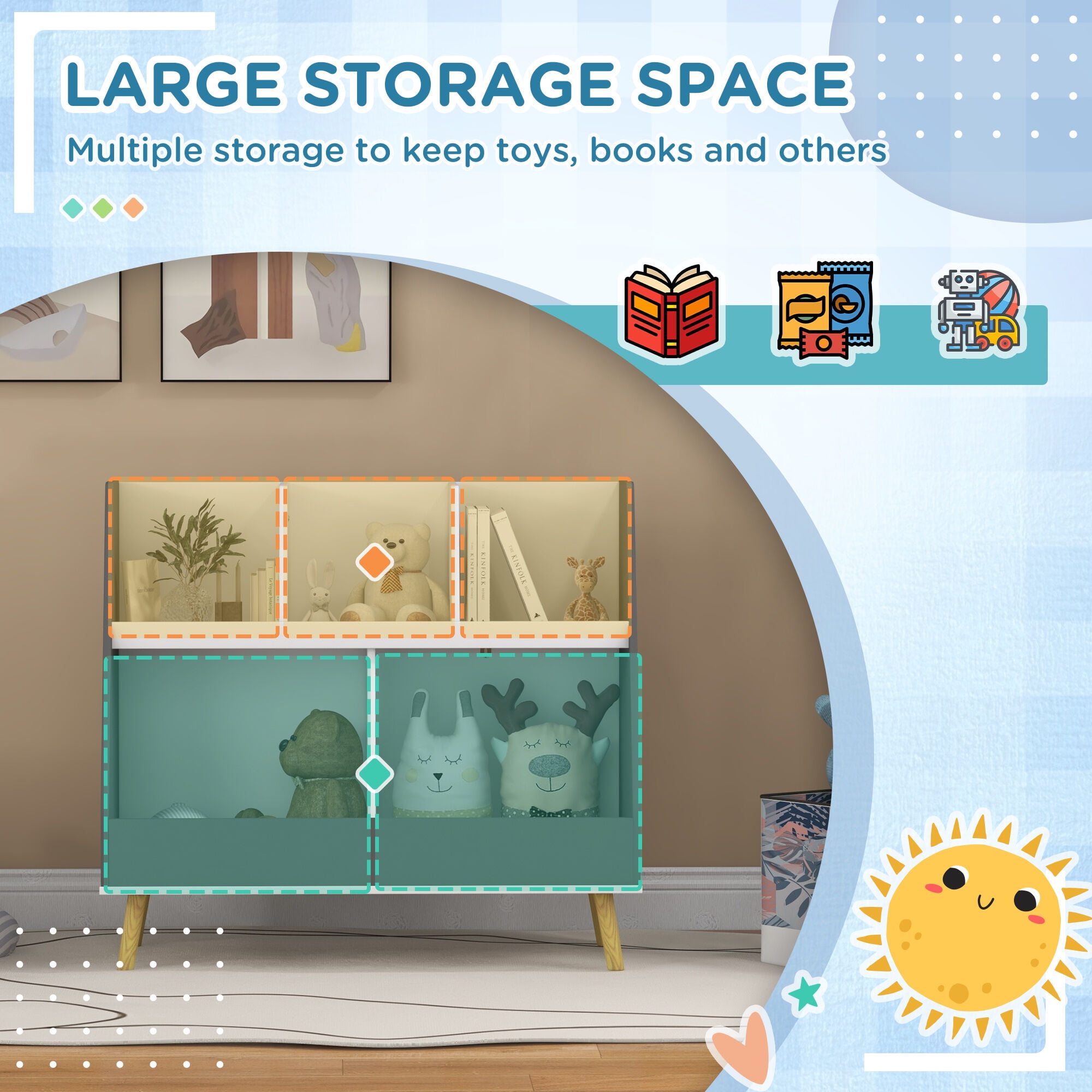 Kids Furniture Qaba Kids Bookcase Toy Shelf, 2 Tier Toddlers Toy Storage Shelf with 5 Compartments, Anti-tip Device, Pine Wood Legs for Nursery, Playroom, Classroom, Gray,Baby Furniture