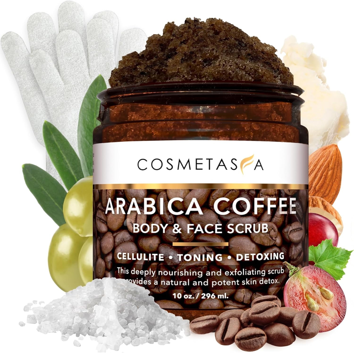 Cosmetasa 2 in 1 Organic Arabica Coffee Scrub, Natural Exfoliating Body Scrub with Exfoliating Gloves, 10 oz