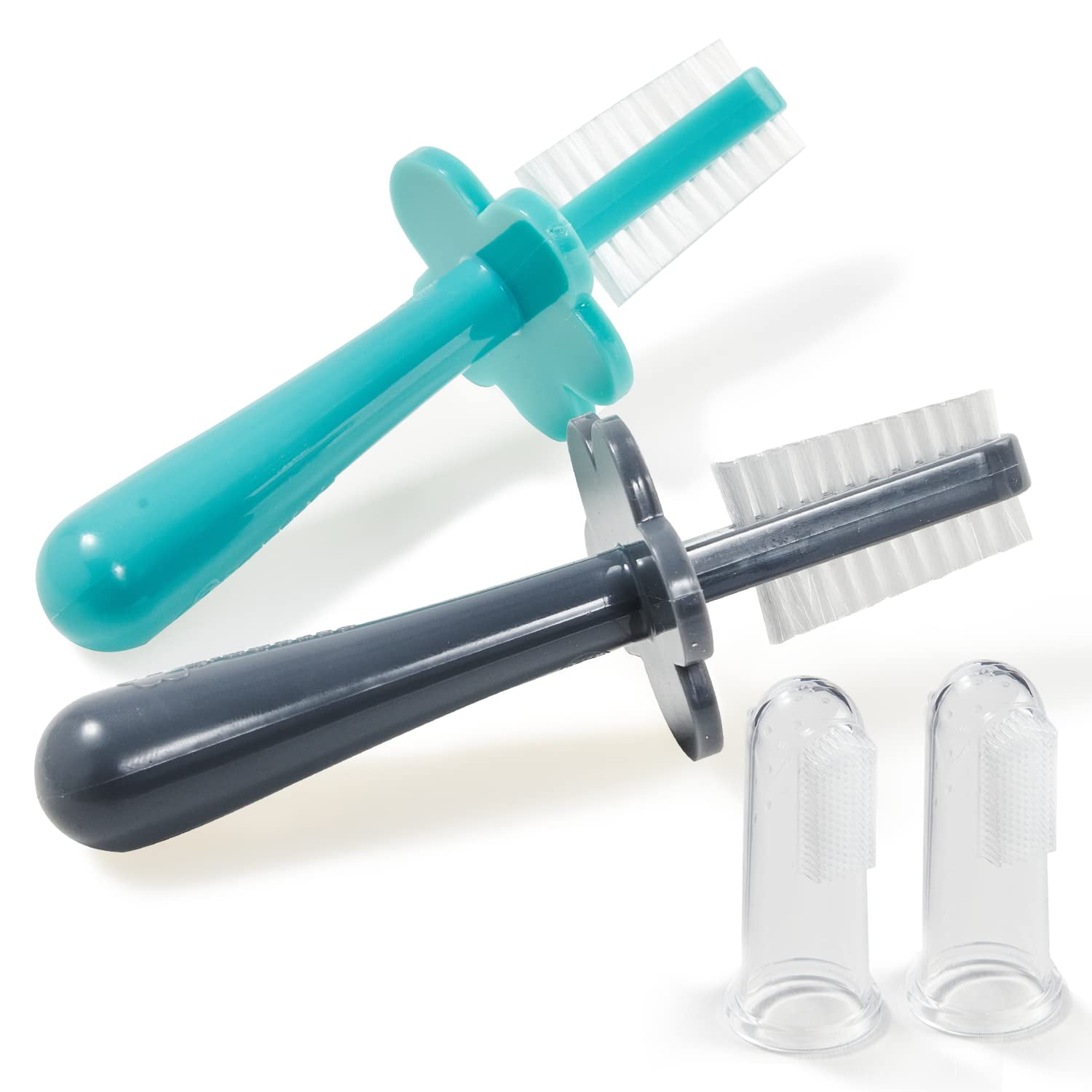 Grabease Double-Sided Toothbrush Set for 6 Months to 4 Years: 2 BPA-Free Toddler Training Toothbrushes (Teal and Gray) with Soft Bristles & Anti-Choke Shields Plus 2 Silicone Baby Finger Brushes