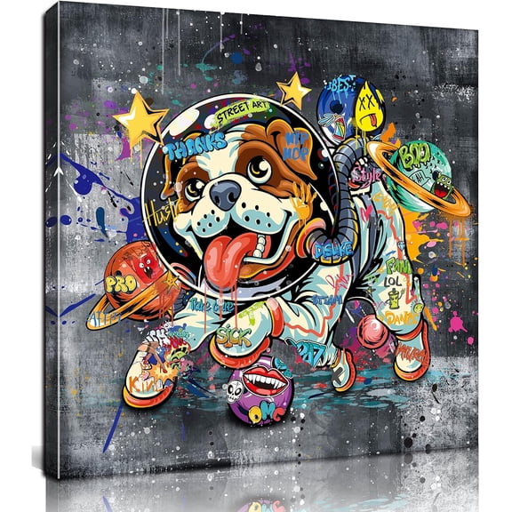 Aaheei Canvas Wall Art Funny Dog in Spacesuit Picture Banksy Graffiti Wall Art Ready to Hang