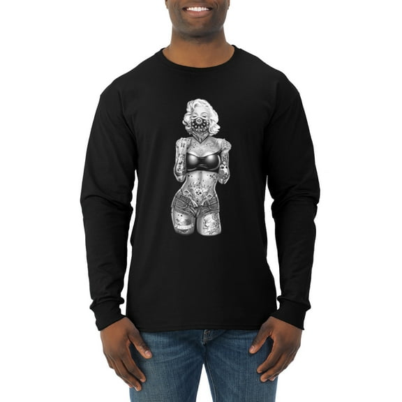 Wild Bobby, Sexy Tattooed Marilyn Monroe Pop Culture Mens Long Sleeve Shirt, Black, Small