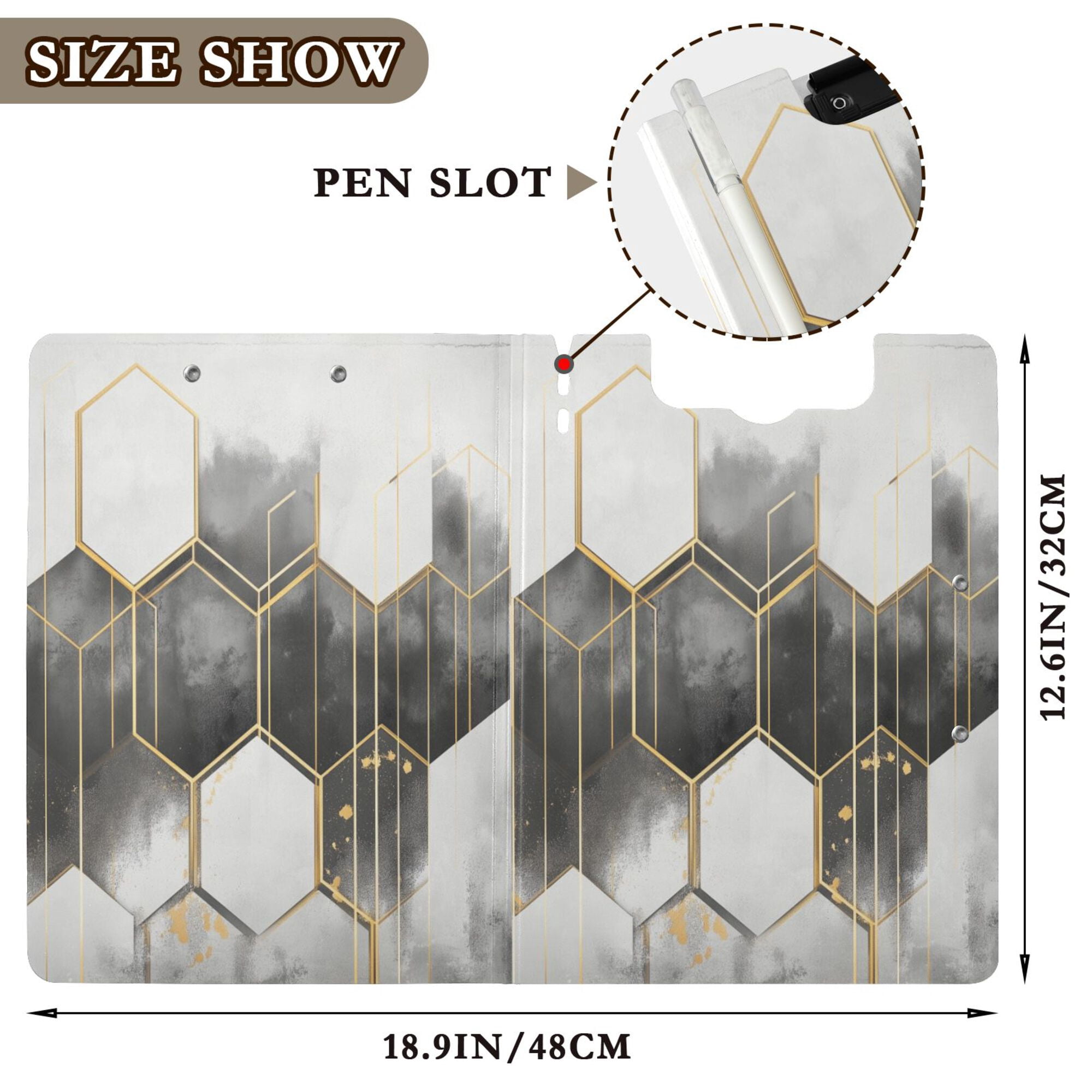 FORMRS A4 Clipboard Folder with Pen Holder Horizontal Foldable School Office Binder, Gray Hexagons