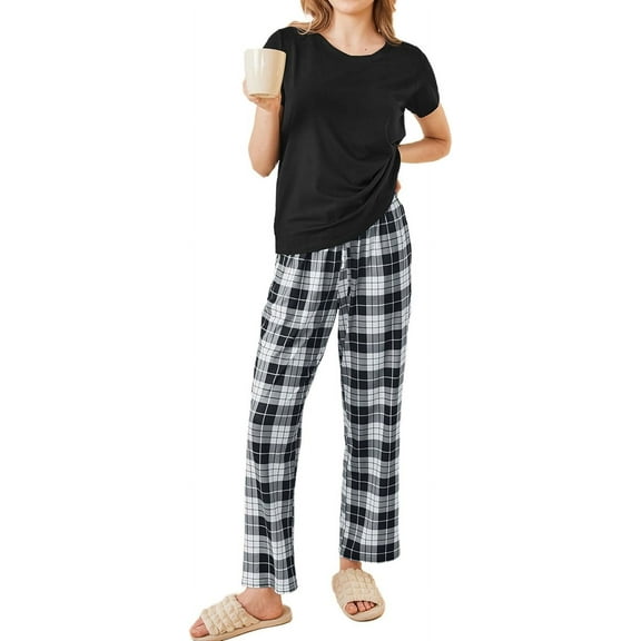 Avidlove Women's Pajama Set 2 Piece Short Sleeve Pj Tops with Long Plaid Pajama Pants Casual Loose Lounge Set Sleepwear