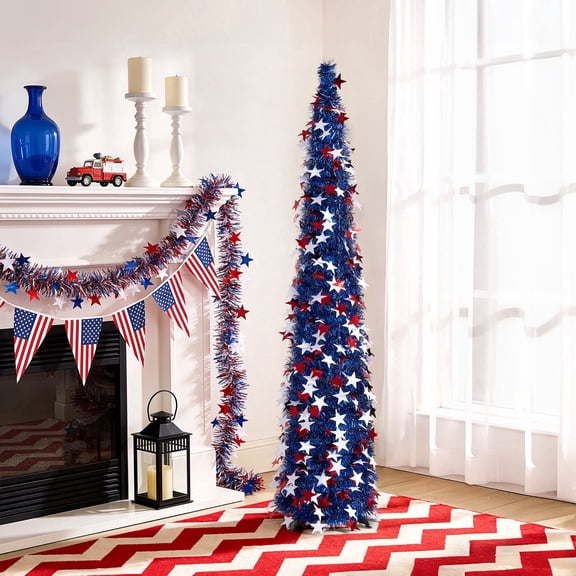 DR.Planzen 4th of July 5FT Patriotic Star Spangled Tree, Red White Star Decorative Pop up Tree for 4th of July, Independence Day Indoor Outdoor Decor