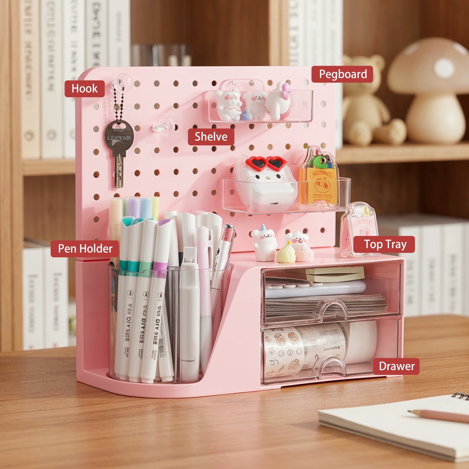 Vivin Desk Organizer, Small 2 Drawer Unit and Pen Holders, Multi-Purpose Pegboard organizer For Home Office, Pink