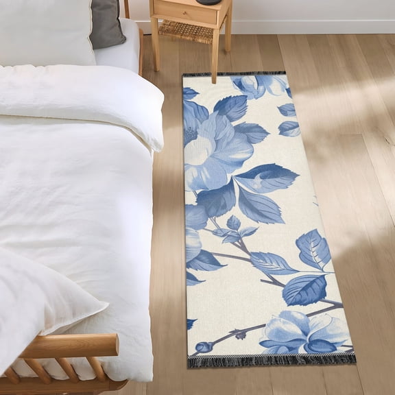 Blue White Florals and Leaves Bedside Runner Rug 2'x 6' Non Slip Carpet Floor Mat Area Rug
