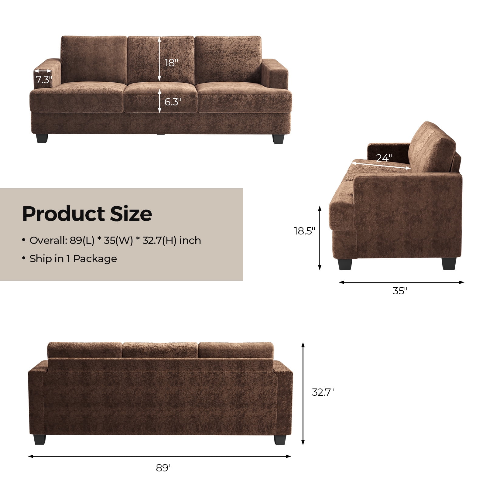 BLAZANT 89" Extra Deep Seats Oversize, Chenille Fabric 3 Seater Sofa for Living Room, Modern Couch and Sofa, Comfy Armrests and Seats and Backrests, Easy Installation, Brown
