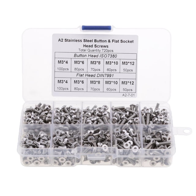 jinwen 720pcs M3 4/6/8/10/12mm Button & Flat Head Hex Socket Bolts Screw Set