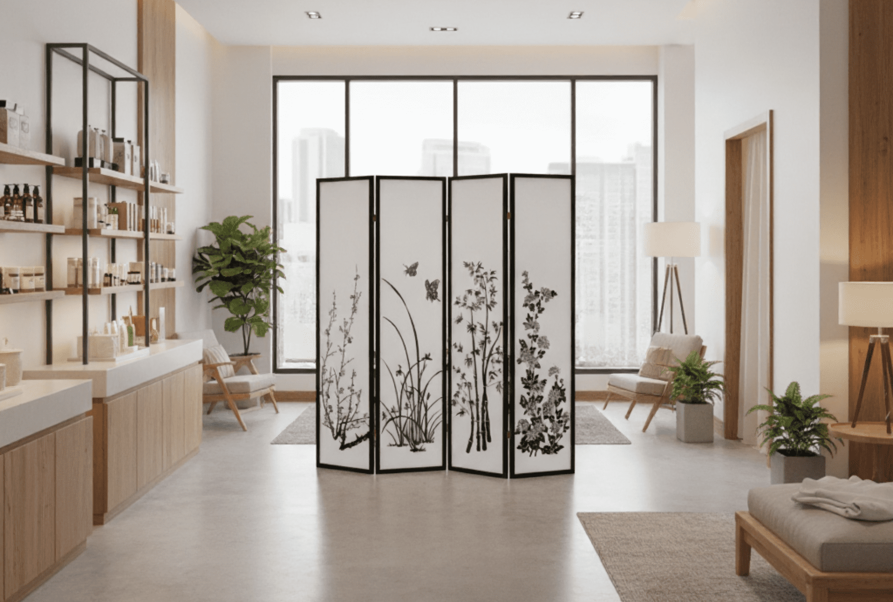 Legacy Decor Japanese Oriental Style Bamboo Flower Design 4 Panel Room Divider 71" Tall Black