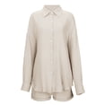 thumbnail image 6 of QHFBli 2 Piece Linen Set for Women Summer Beach Outfits Long Sleeve Button Down Shirts and Shorts Casual Loungewear Set, 6 of 7