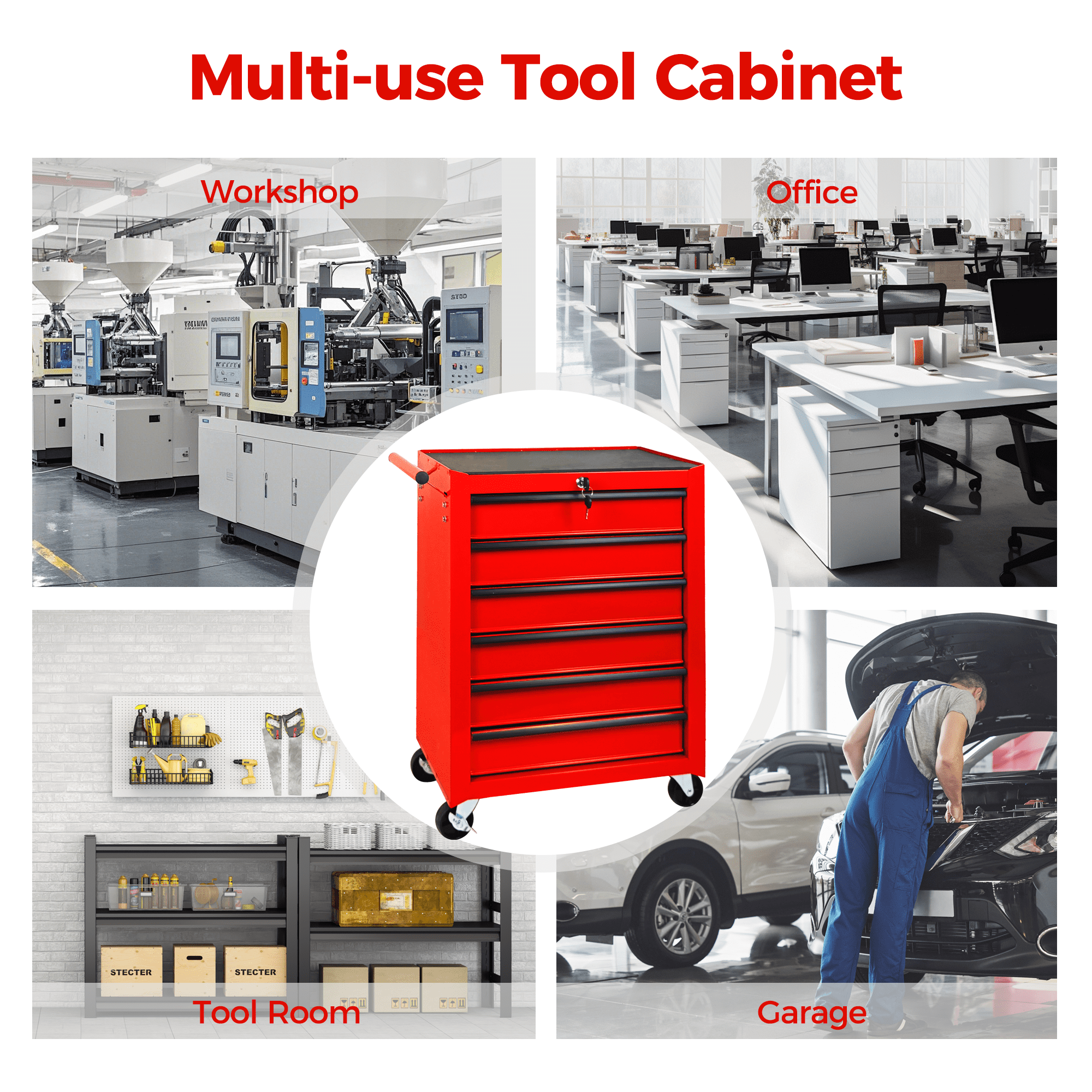 6 Drawer Tool Chest Cabinet with Ball Bearing Drawer Slides,20"W Rolling Metal Tool Chest with 6 Drawers,Steel Tool Storage Box Organizer,Red